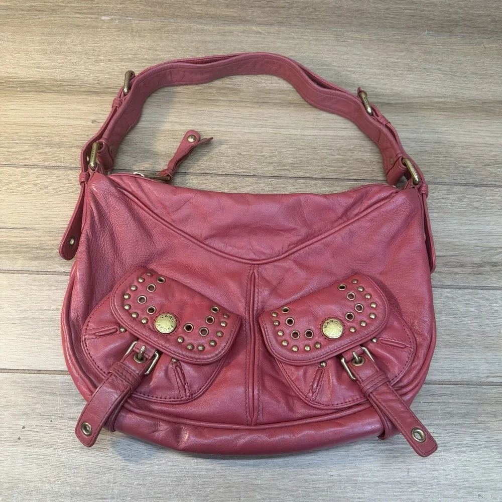 Vintage Marc Jacobs Shoulder Bag Y2K Pink Leather Hobo Studs Buckles Pockets